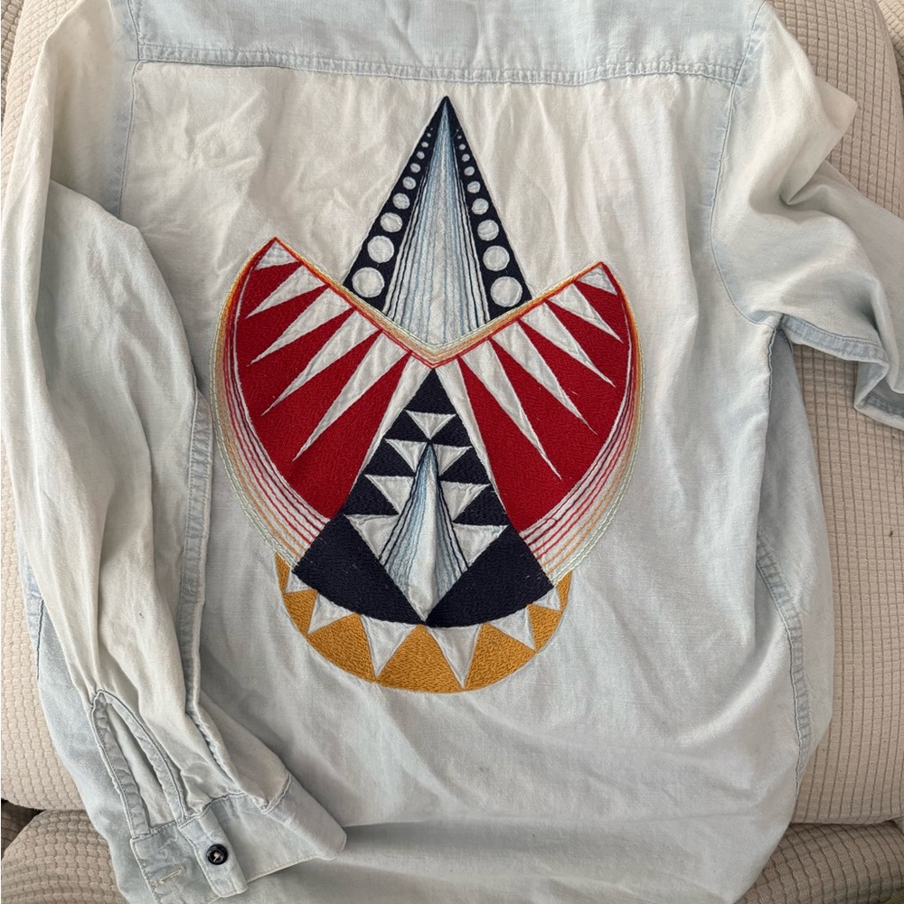 XS denim shirt boho button down with Geometric Embroidery